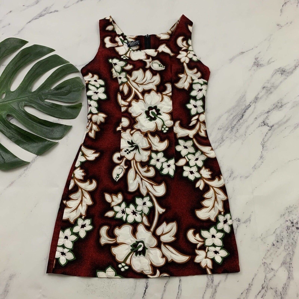 Royal Creations Womens Vintage Sheath Dress Sz S Red White Hawaiian Floral Aloha